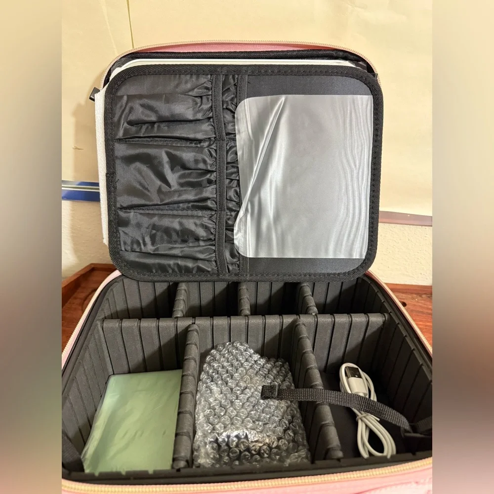Cosmetic Storage Bag With LED Light Partition Organizer Large Travel Pink